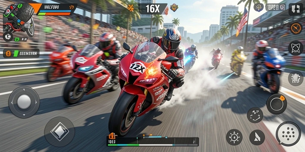 Gameplay seru 116X dengan balapan motor yang mendebarkan.