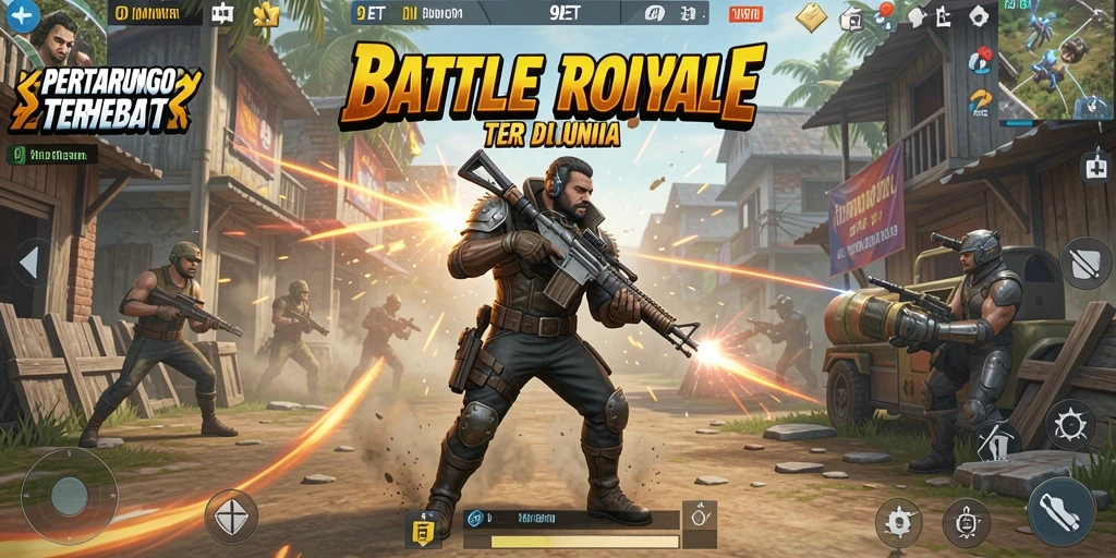 Tangkapan layar utama 9ET menampilkan aksi pertempuran seru dalam game Battle Royale.