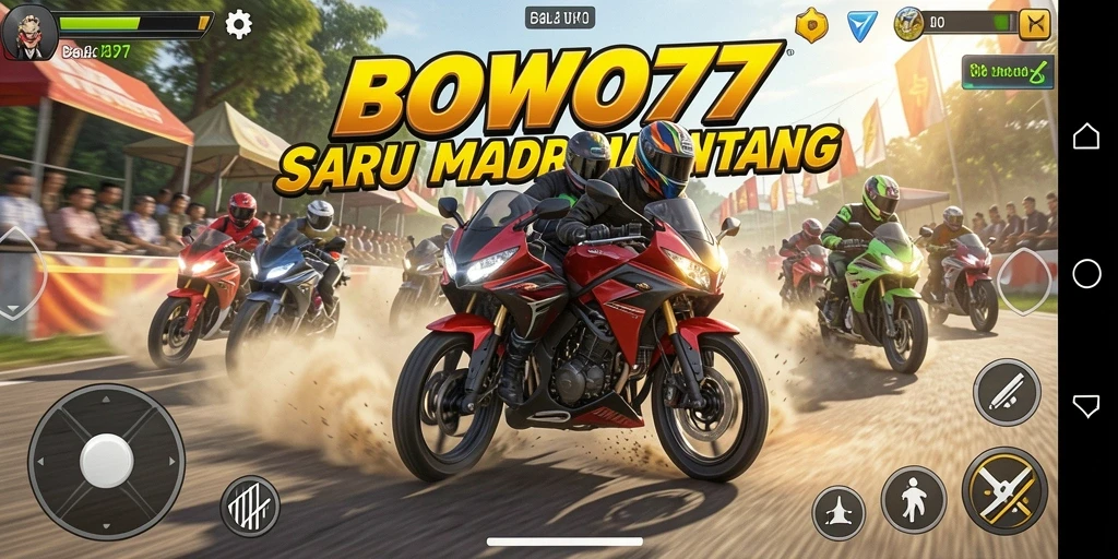 Tangkapan layar <strong>BOWO77</strong> menampilkan aksi balapan motor yang menegangkan.