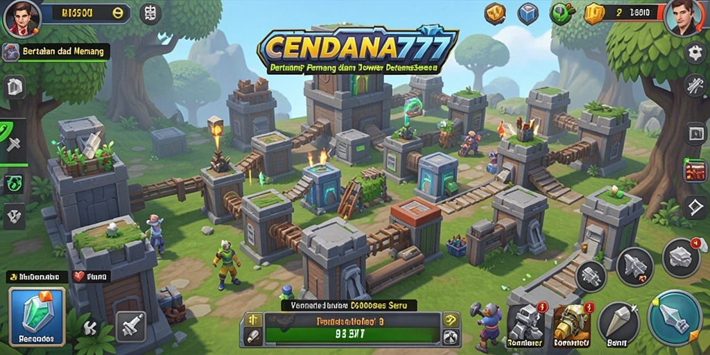 Tangkapan layar gameplay CENDANA777 dengan menara dan musuh yang terlihat.