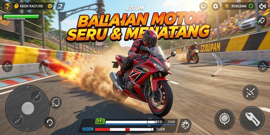 Screenshot gameplay J200M menampilkan balapan motor seru dan efek grafis yang menakjubkan.