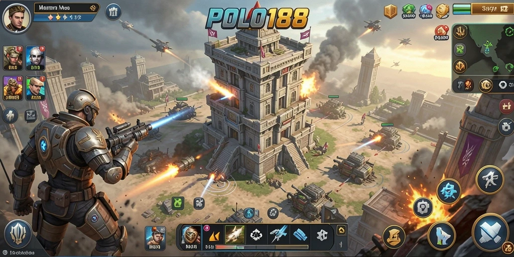 Screenshot utama POLO188 menampilkan aksi gameplay Tower Defense yang intens.