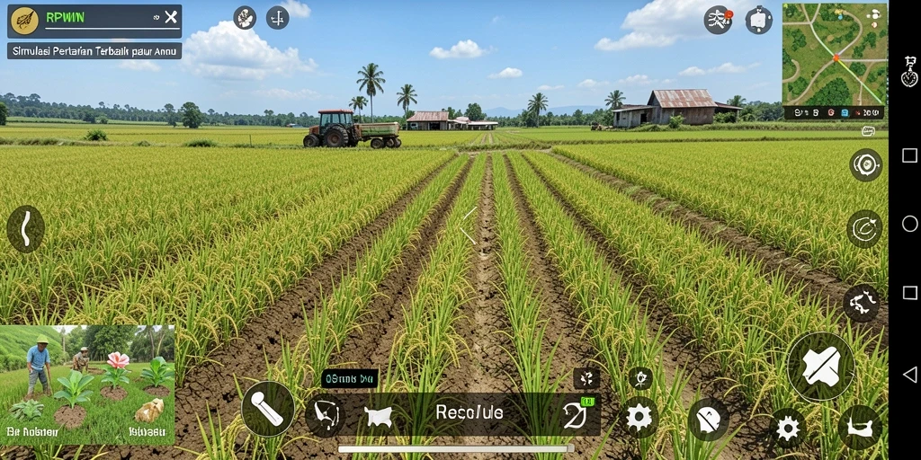 Screenshot gameplay RPWIN menampilkan ladang subur dan alat pertanian.