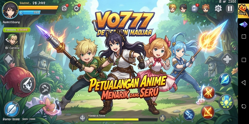 Tangkapan layar permainan VO777 menampilkan karakter anime yang sedang bertarung dengan latar belakang yang indah.